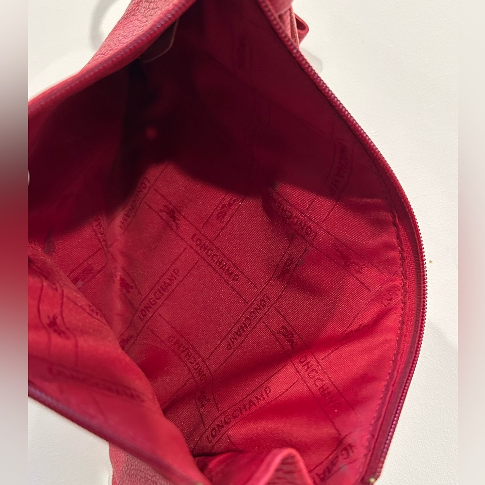 Longchamp Red Pebbled Leather Zip Wristlet Clutch Gold Logo - Picture 6 of 7